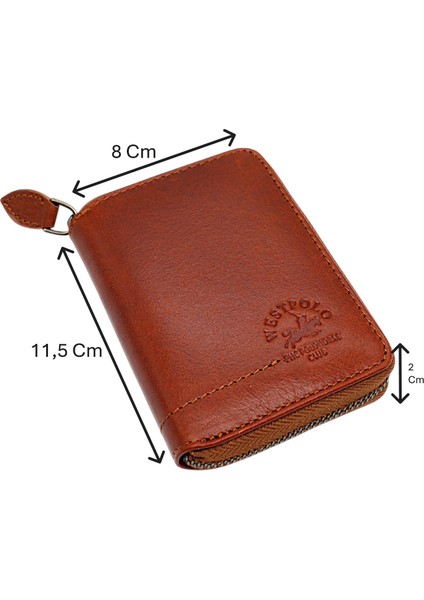 Hakiki Deri Kağıt Para ve Bol Kart Bölmeli Fermuarlı Unisex Cüzdan - Taba