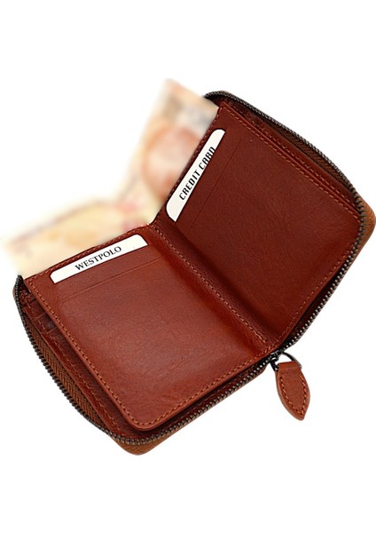 Hakiki Deri Kağıt Para ve Bol Kart Bölmeli Fermuarlı Unisex Cüzdan - Taba modelleri