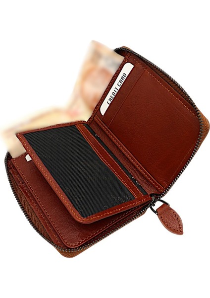 Hakiki Deri Kağıt Para ve Bol Kart Bölmeli Fermuarlı Unisex Cüzdan - Taba fırsatları