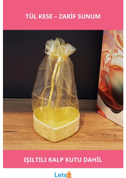 Zarif Sarı Kalpli Tül Kese 16CM 1 Adet Hediye Sunumu