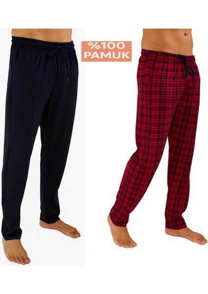 Erkek Pamuklu Bordo Ekose & Antrasit 2'li Tek Alt Pijama - Mevsimlik Pijama Altı