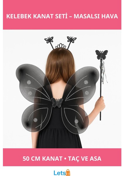 Siyah Kelebek Kanatlı Taç ve Asa Seti 50 cm