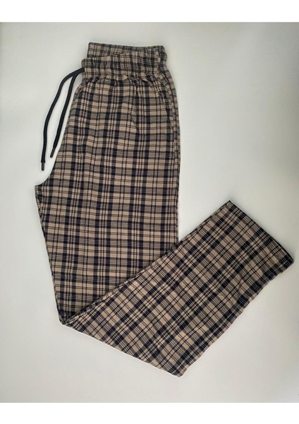 Cepli Ekose Desenli Camel Bej Unisex Pamuklu Pijama Alt