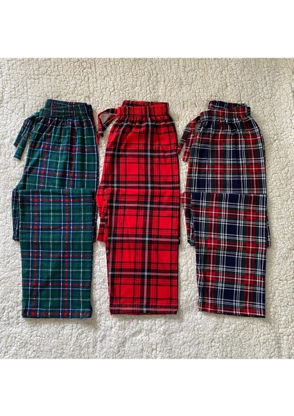 3'lü Ekose Kareli Desenli Pamuklu Kadın Pijama Altı - 3 Adet Tek Alt Pijama - Premium Kalite