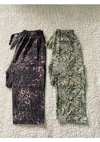 Yılan Derisi & Leopard Desenli Kadın Tek Alt Pijama - 2 Adet Kadın Pijama Altı