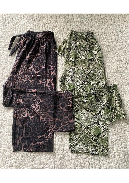 Yılan Derisi & Leopard Desenli Kadın Tek Alt Pijama - 2 Adet Kadın Pijama Altı modelleri