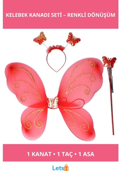 Kelebek Kanadı Tacı Asası Kırmızı Renk Çocuk Kostüm Aksesuarı