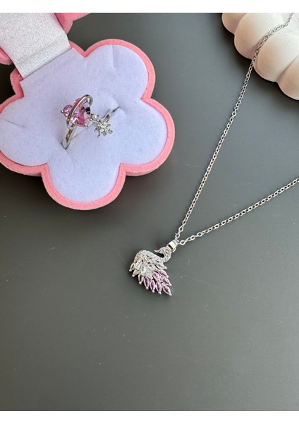 Pembe Kuğu Yüzük Seti Çelik