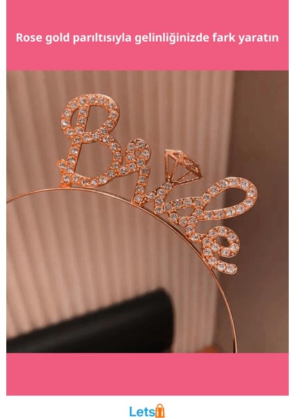 Rose Gold Renkli Taşlı Bride Gelin Tacı fiyatları
