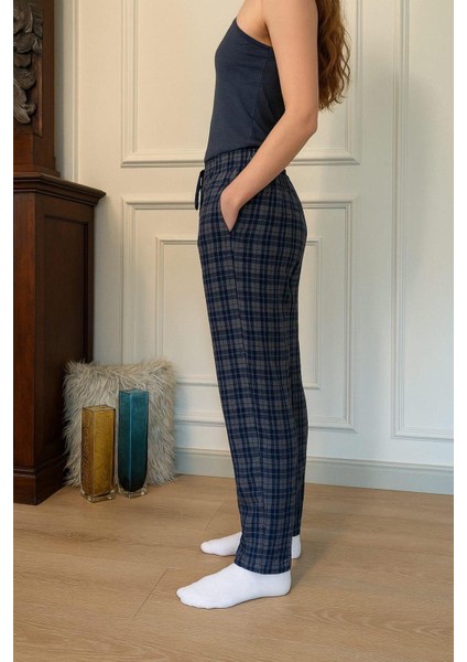 Tek Alt Ekose Desenli Unisex %100 Pamuk Pantolon Eşofman Altı - Bay Pijama Altı