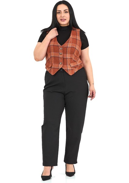 Büyük Beden Düğme Kapamalı Cep Kapaklı Astarlı Kısa Tarçın Yelek