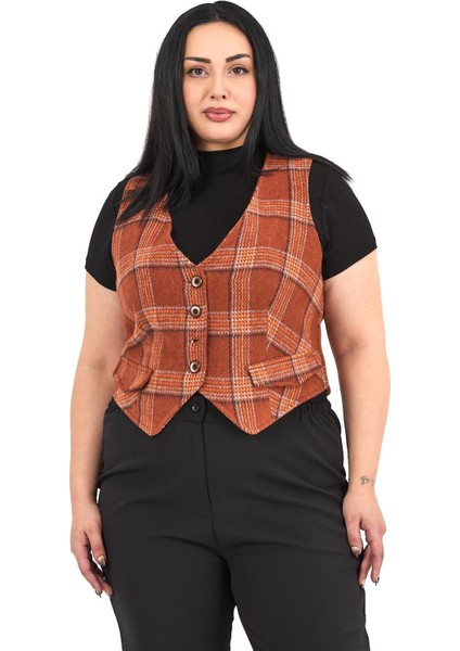 Büyük Beden Düğme Kapamalı Cep Kapaklı Astarlı Kısa Tarçın Yelek fiyatları