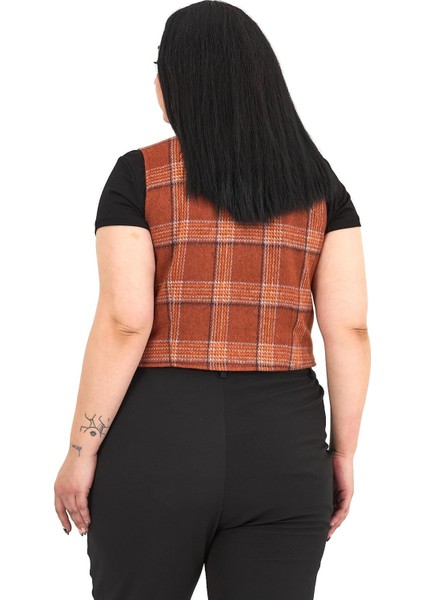 Büyük Beden Düğme Kapamalı Cep Kapaklı Astarlı Kısa Tarçın Yelek modelleri