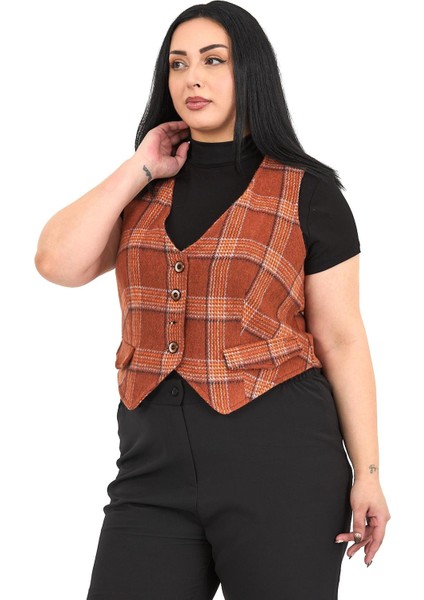 Büyük Beden Düğme Kapamalı Cep Kapaklı Astarlı Kısa Tarçın Yelek indirimleri