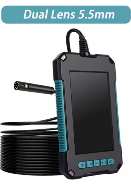 Ekranlı Çift Kameralı 10 mt Hafıza Kart Destekli Sert Kablo Yılan Endoskop Kamera 5.5 mm 4.3 Inc