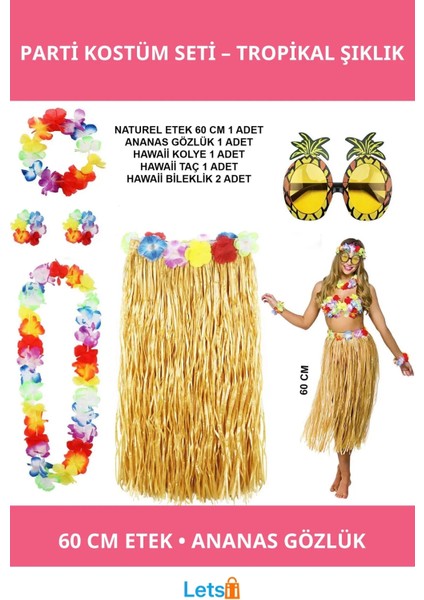 Hawaii Temalı Parti Kostümü 60 cm Hasır Etek, Çiçekli Aksesuarlar ve Ananas Gözlük