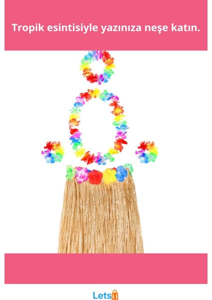 Hawaii Temalı Parti Kostümü 60 cm Hasır Etek, Çiçekli Aksesuarlar ve Ananas Gözlük fiyatları