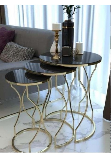 3'lü Rüya Zigon Sehpa Seti Gold Ayak Siyah Cam