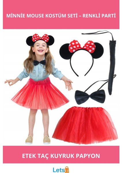 Minnie Mouse Temalı Çocuk Kostüm Etek Taç Kuyruk Papyon Seti
