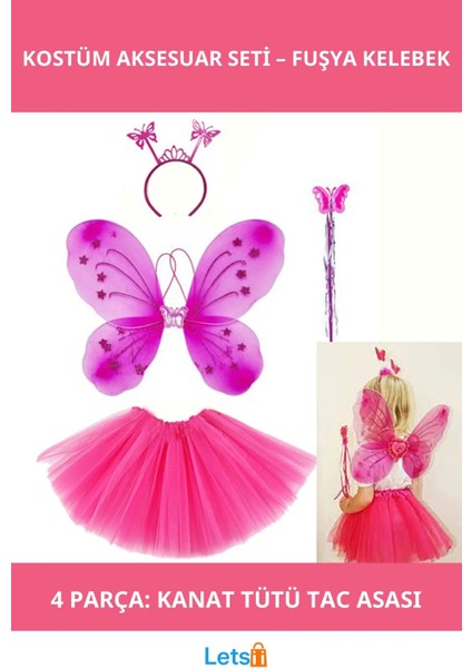 Fuşya Kelebek Kostüm Aksesuarı Tütü Etek Kanat Taç Asası