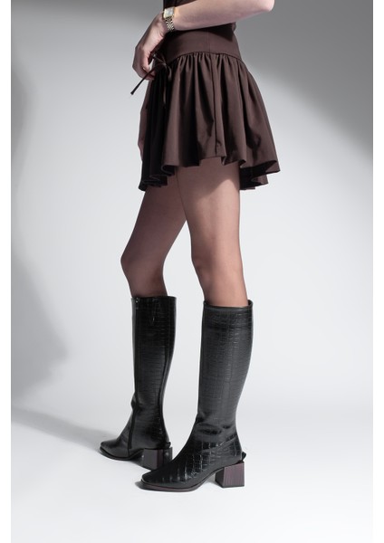 Kadın Küt Burun Fermuarlı Kalın Topuklu Çizme Lusso Siyah Croco fiyatları