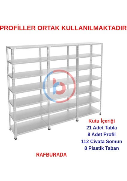 7 Katlı 3'lü Galvaniz Çelik Raf - Depo, Arşiv, Kiler, Dosya, Market Rafı - 43x93 cm-100 cm-0.70 mm fırsatları