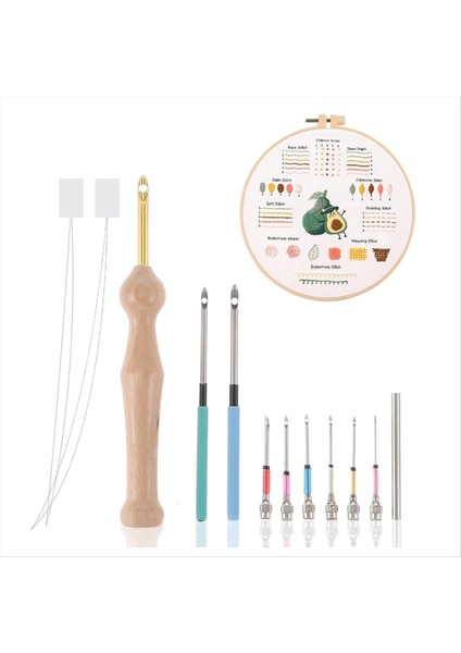 12PCS Yumruk Iğne Kiti Iğneler Yumruk Ayarlanabilir Yumruk Iğne Aleti Ahşap Tutamak Nakış Aleti Yumruk Iğne Seti (Yurt Dışından)