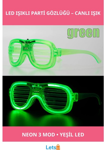 Yeşil Neon LED Işıklı Parti Gözlüğü 3 Modlu Eğlence Aksesuarı