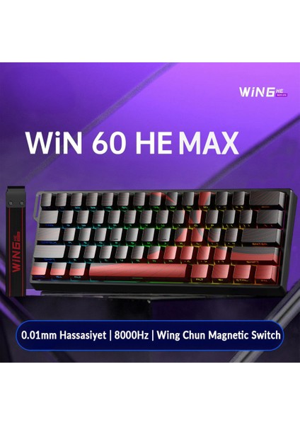 WIN60 He Max Manyetik Klavye Rapid Trigger Wing Chun Switch 8000Hz Rgb %60 Hot Swap Oyuncu Klavyesi Siyah-Kırmızı