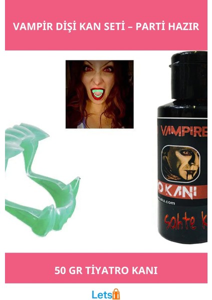 Fosforlu Çift Damak Takma Vampir Dişi ve 50 gr Tiyatro Kanı