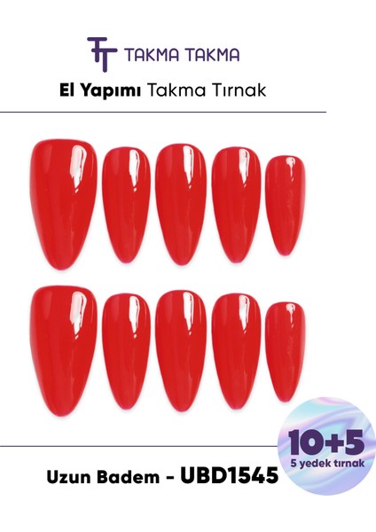 15'li Kırmızı Uzun Badem UBD1545 Tekrar Kullanılabilir El Yapımı Protez Takma Tırnak - Kırmızı-M