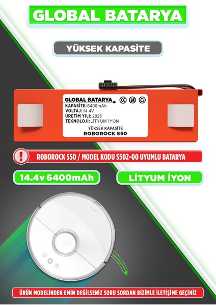 Roborock S50 Uyumlu Akıllı Robot Süpürge Bataryası 14.4V 6400MAH Li-Ion Pil (Yüksek Kapasite)