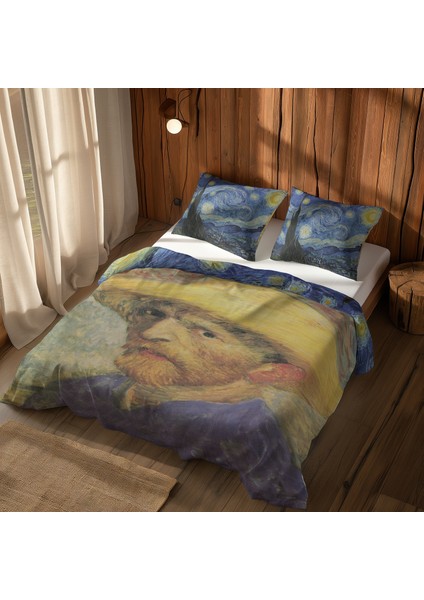 The Starry Night & Self-Portrait With Straw Çift Taraflı Nevresim Takımı - 200 cm x 220 cm