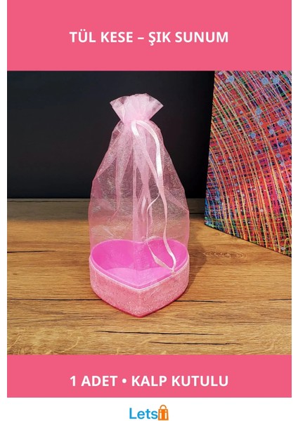 Pembe Kalpli Tül Kese ve Simli Kalp Kutusu
