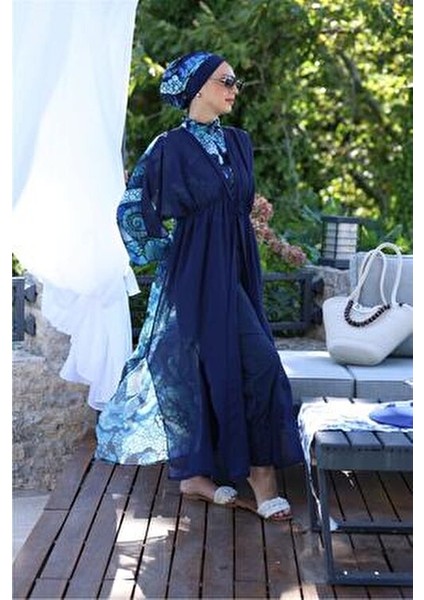 Kadın Okyanus Desenli Beli Bağcıklı Tesettür Pareo Mavi Renkli Yazlık indirimleri