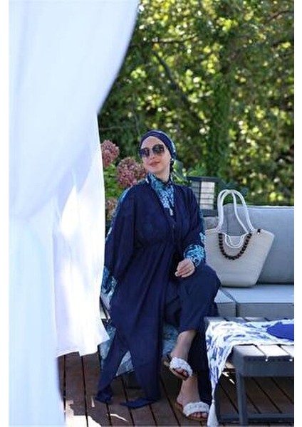 Kadın Okyanus Desenli Beli Bağcıklı Tesettür Pareo Mavi Renkli Yazlık