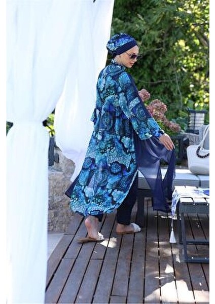 Kadın Okyanus Desenli Beli Bağcıklı Tesettür Pareo Mavi Renkli Yazlık