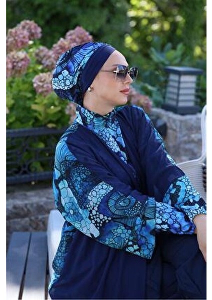 Kadın Okyanus Desenli Beli Bağcıklı Tesettür Pareo Mavi Renkli Yazlık