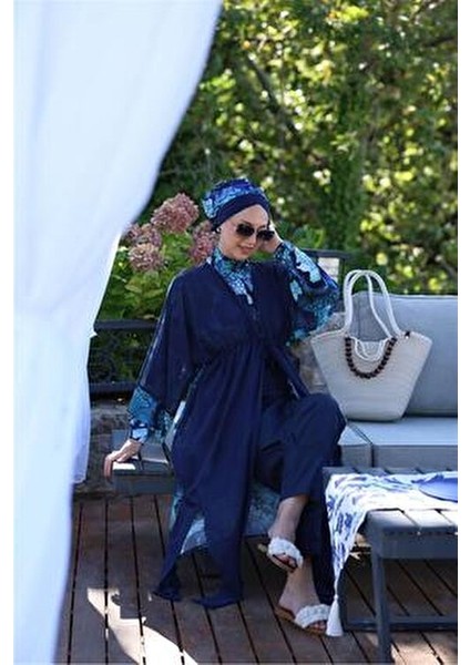 Kadın Okyanus Desenli Beli Bağcıklı Tesettür Pareo Mavi Renkli Yazlık