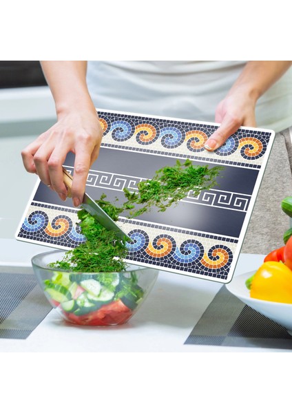 Cam Kesme Tahtası ve Sunumluk Renkli Geometrik Desenli 30X40 cm indirimleri