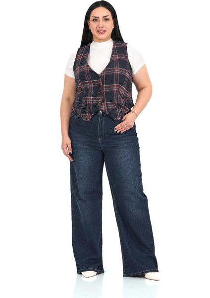 Büyük Beden Düğme Kapamalı Cep Kapaklı Astarlı Kısa Lacivert Yelek