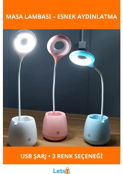 USB Şarjlı Dokunmatik Halka LED Masa Lambası Esnek Boyun ve Saklama Haznesi