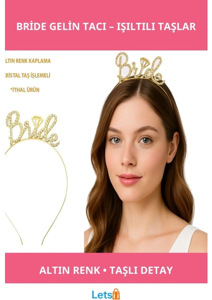 Altın Renkli Taşlı Bride Gelin Tacı