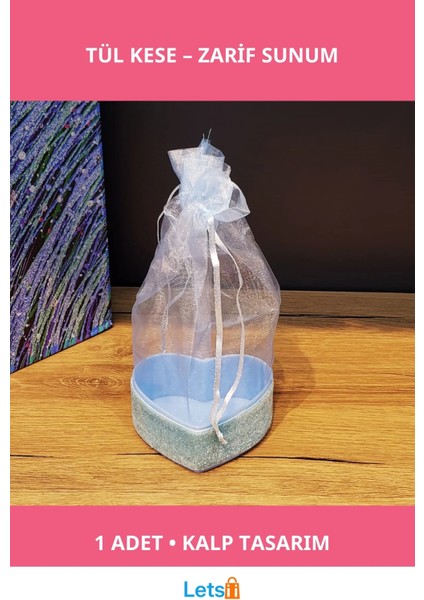 Mavi Kalp Tasarımlı Şık Tül Kese 16 cm