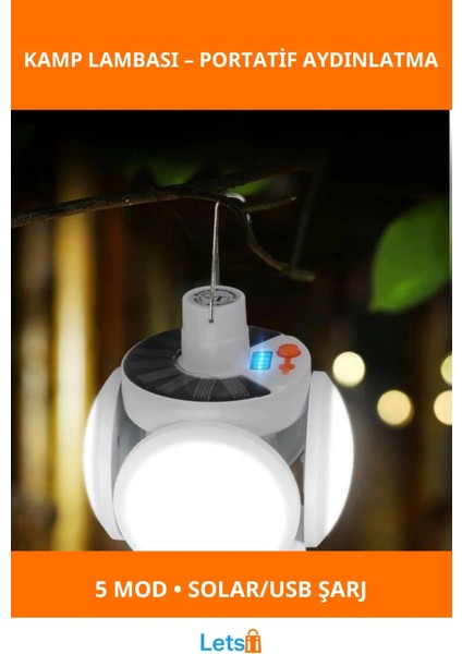 5 Kanatlı Güneş Enerjili Taşınabilir Kamp Lambası Su Geçirmez