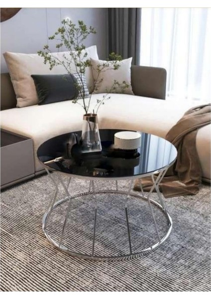 Kum Saati Orta Sehpa Gümüş Ayak Siyah Cam