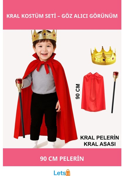 Çocuk Kral Kostüm Seti Kırmızı Pelerin, Altın Taç ve Asa