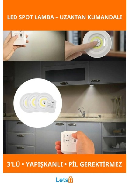 Uzaktan Kumandalı Yapışkanlı 3 Adet LED Spot Lamba