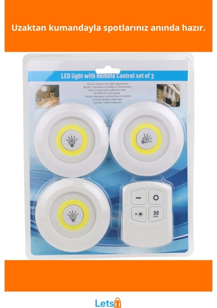 Uzaktan Kumandalı Yapışkanlı 3 Adet LED Spot Lamba fiyatları