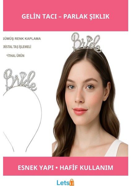Gümüş Renkli Parlak Taşlı Bride Gelin Tacı